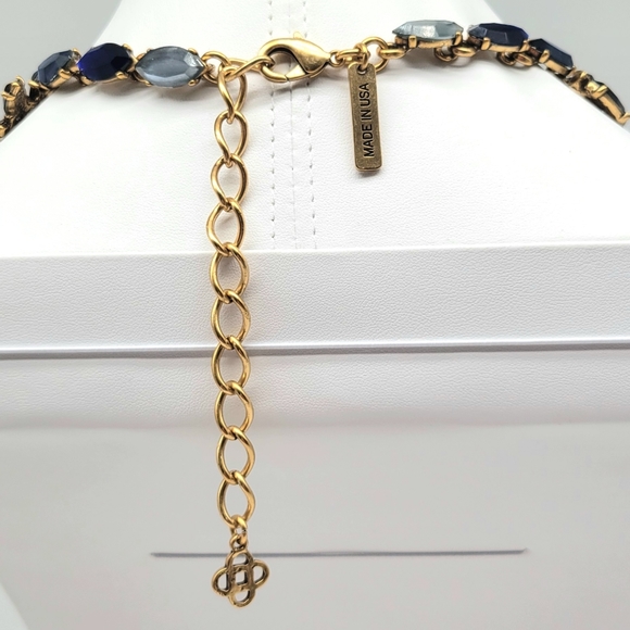 Oscar de la Renta Blue Swarovski Crystal + Glass Leaf Statement Necklace Gold - Picture 11 of 14